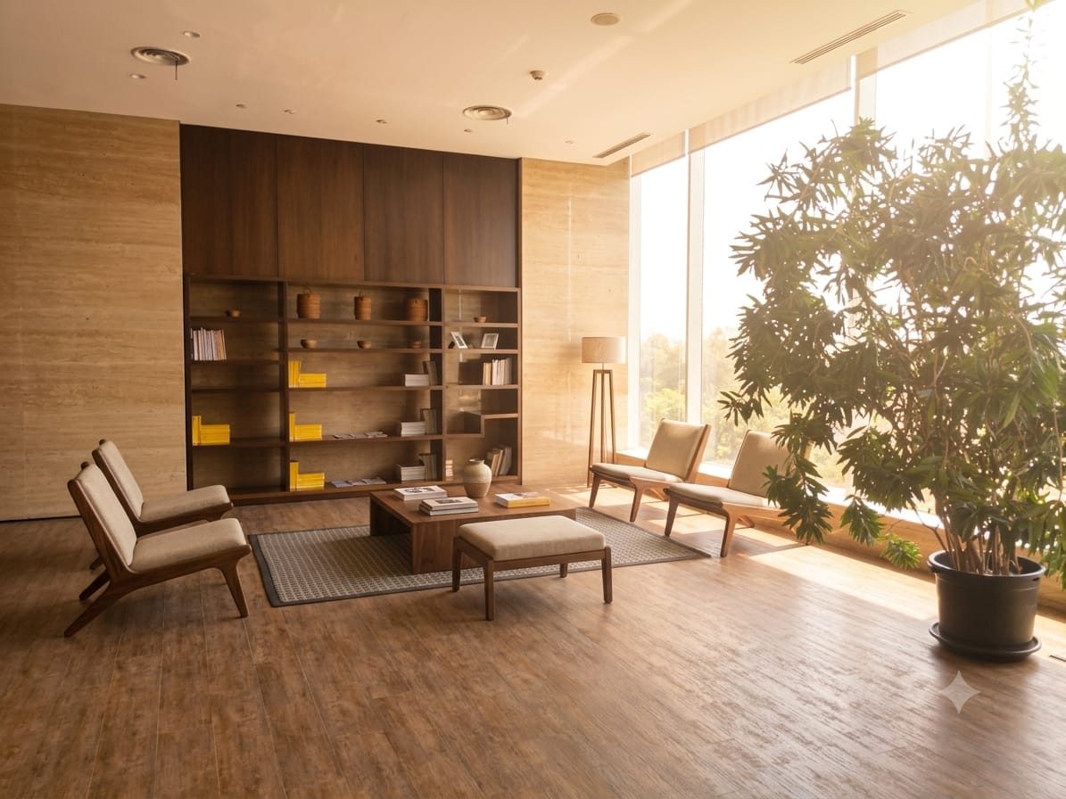 Library lounge with floor-to-ceiling windows